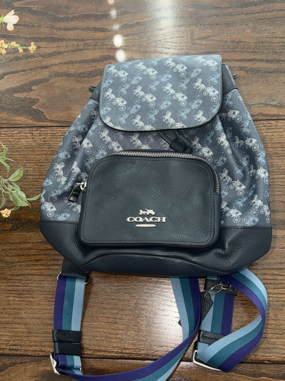 Coach Navy Signature Canvas Backpack with Striped Webbing Straps